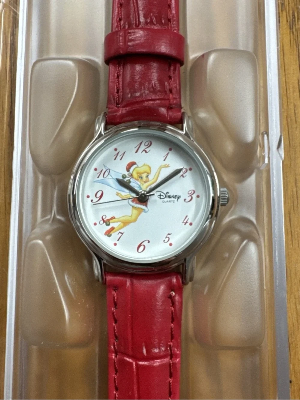 VTG Disney Time Works Tinker bell Silver Watch Red Leather NIB Holiday Edition